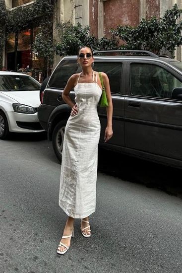 Trisha Sırt Dekolteli Keten Elbise 2496-20 ELBİSE resmi